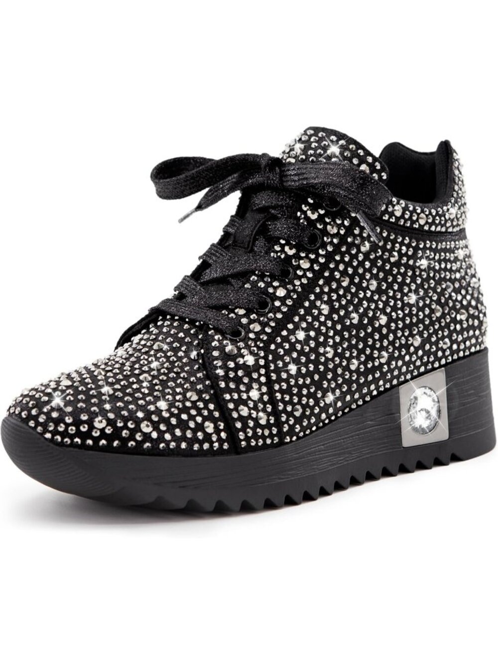 Women's Black Platform Wedge Sparkly Rhinestone High Top Glitter Sneakers